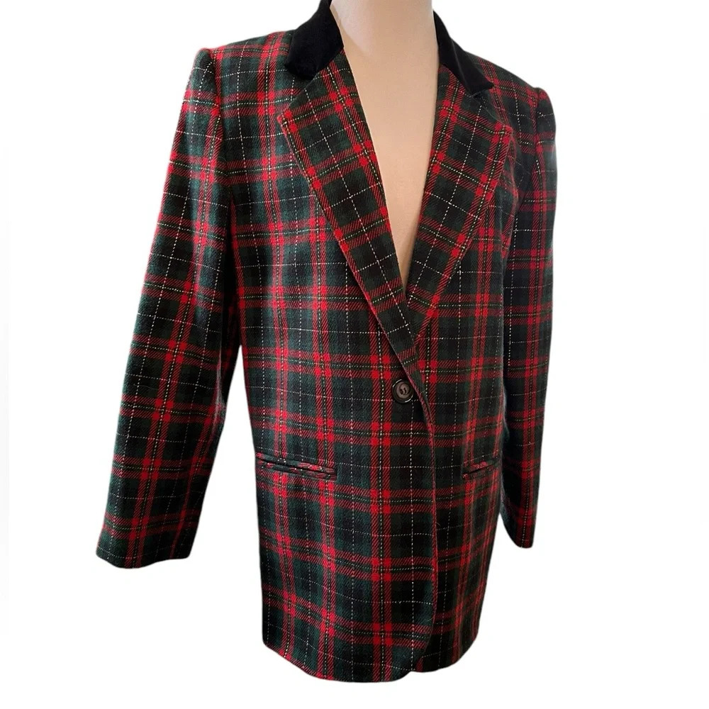 Vintage Wool Blend Tartan Plaid Velvet Collar Sag Harbor Single-breasted Blazer - Picture 2 of 7